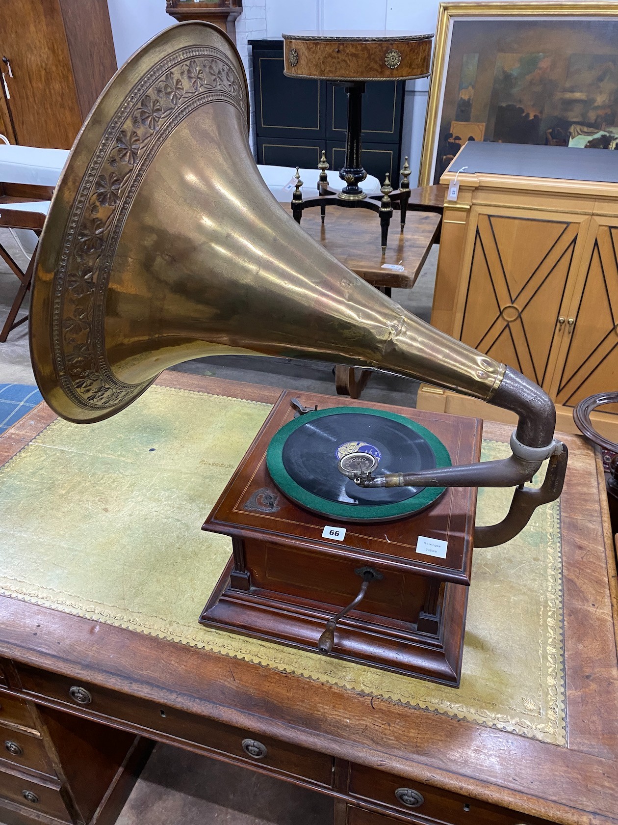 An early 20th century Apollo mahogany gramophone with brass horn, height 86cm